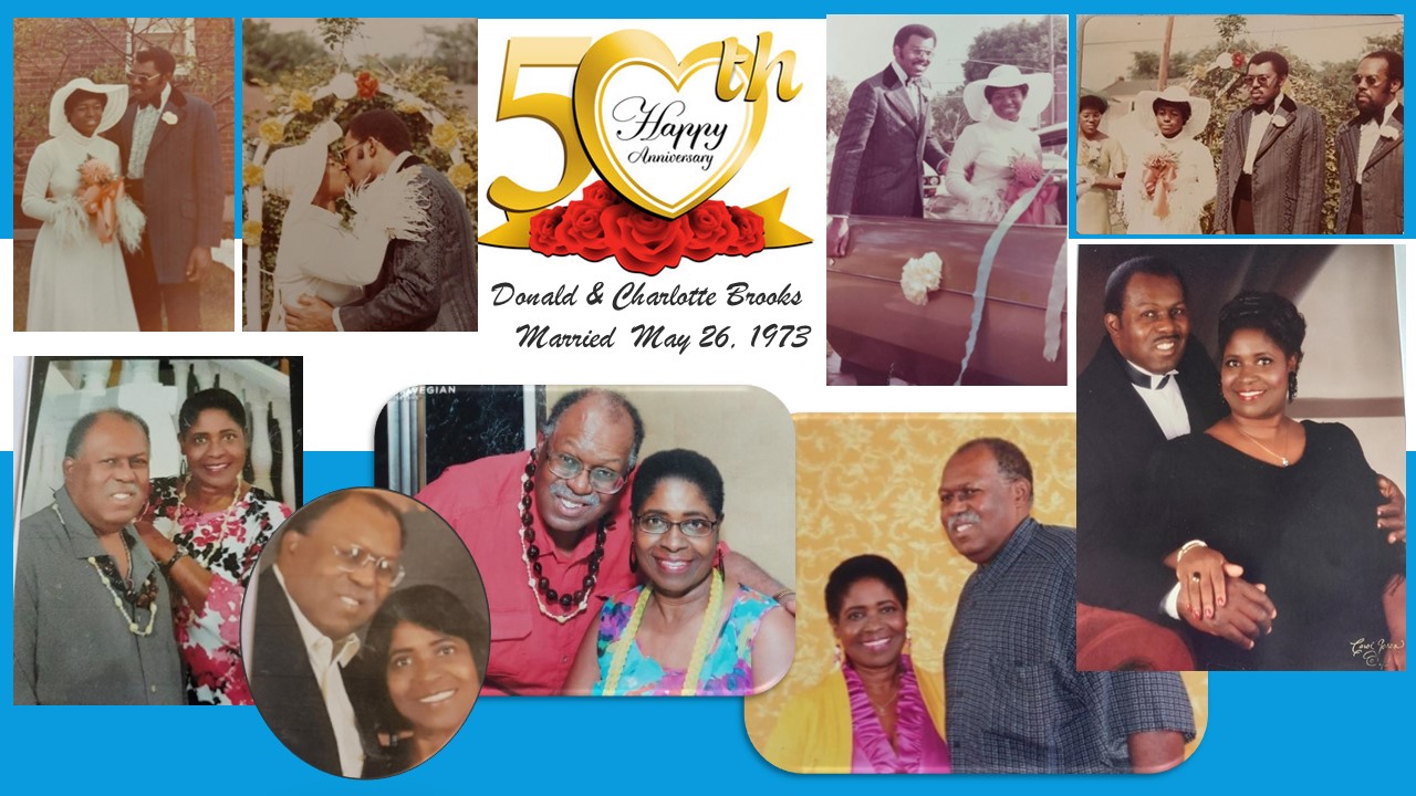 50 YEAR WEDDING ANNIVERSARY
CONGRATULATIONS!!
DONALD & CHARLOTTE BROOKS